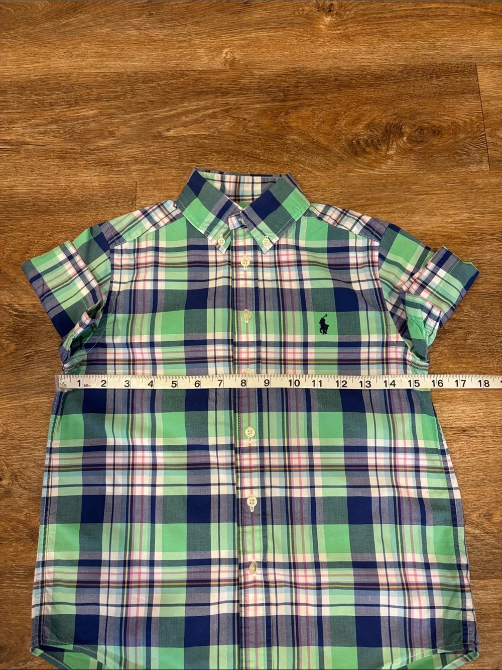 Ralph Lauren Green Navy Plaid Short-Sleeve Button-Down Shirt Size 8 EUC